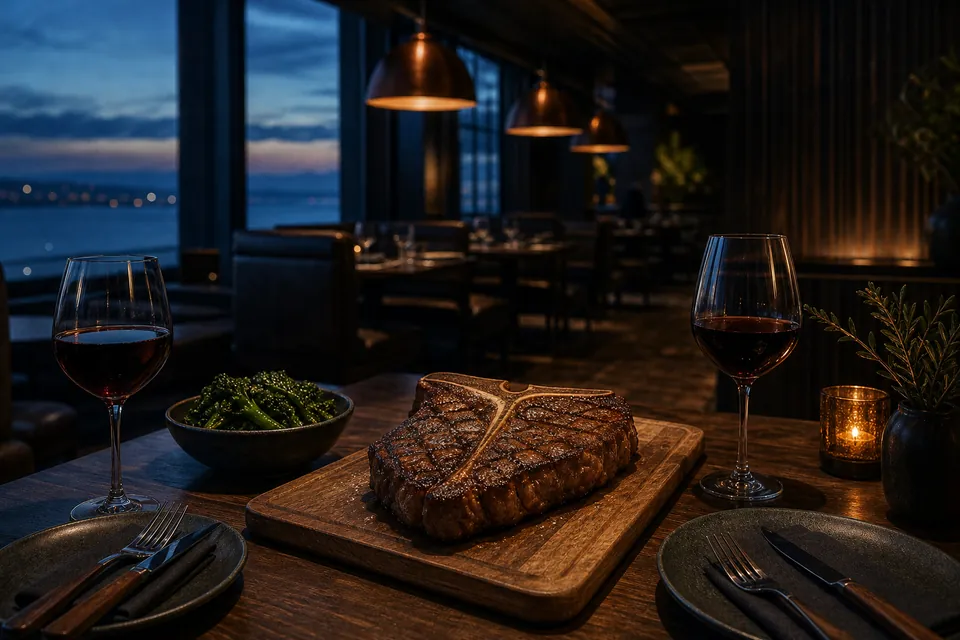 Illustration: a grilled porterhouse on a board with red wine in a dim steakhouse