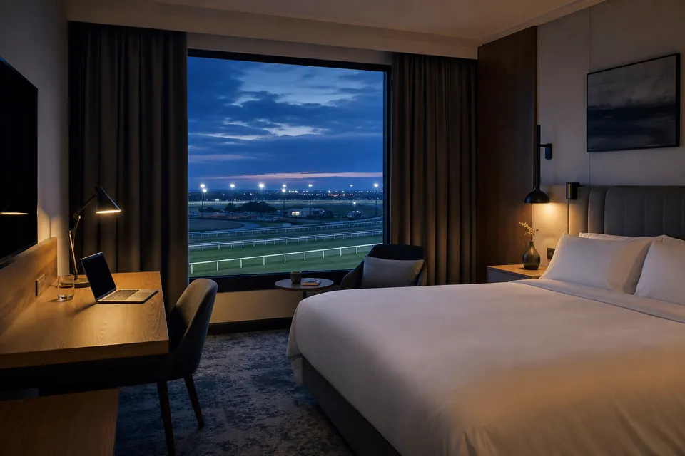 Illustration: a king bedroom with a desk and blackout curtains, a racecourse outside at dusk