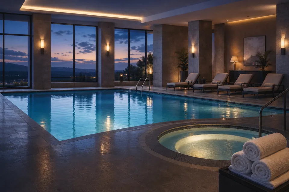 Illustration: an indoor hotel pool with a round hot tub and loungers at dusk