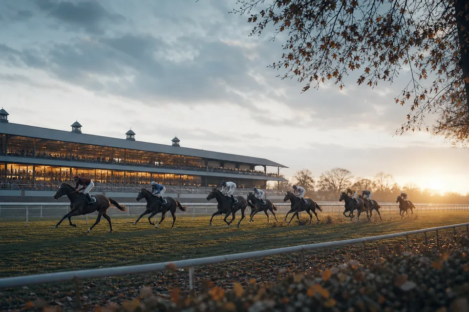 Illustration: racehorses on a turf course on an autumn afternoon