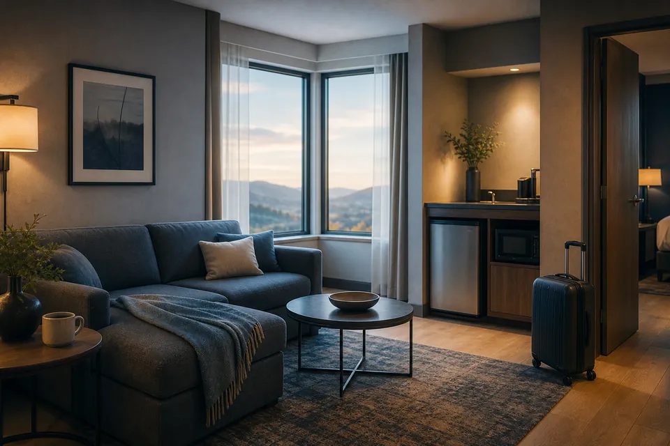 Illustration: a corner suite living area with a sofa bed and a small kitchenette