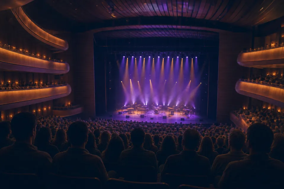 Illustration: a concert theatre seen from the back rows, stage lit violet and amber